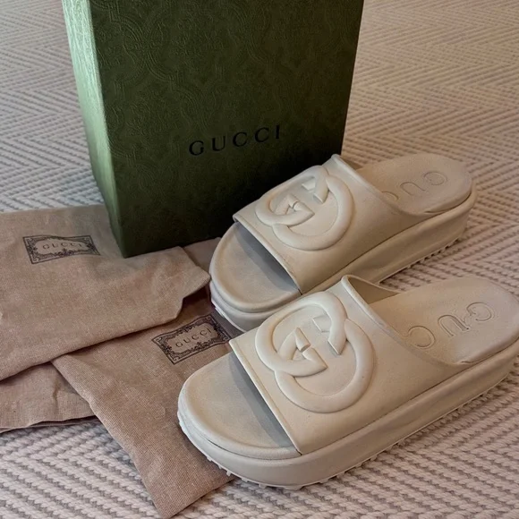 Gucci | Shoes | Gucci Cream Embossed Logo Slides | Poshmark display picture 3